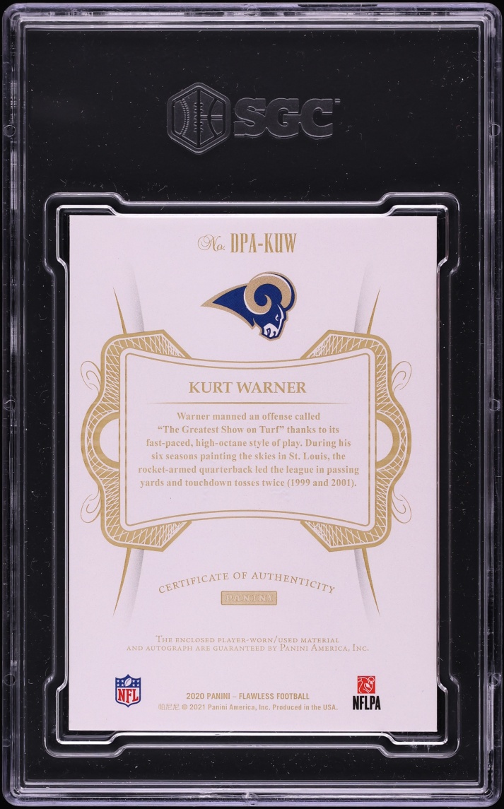 2020 Panini Flawless Bronze Kurt Warner PATCH AUTO /6 #DPA-KUW SGC 9.5 MINT+