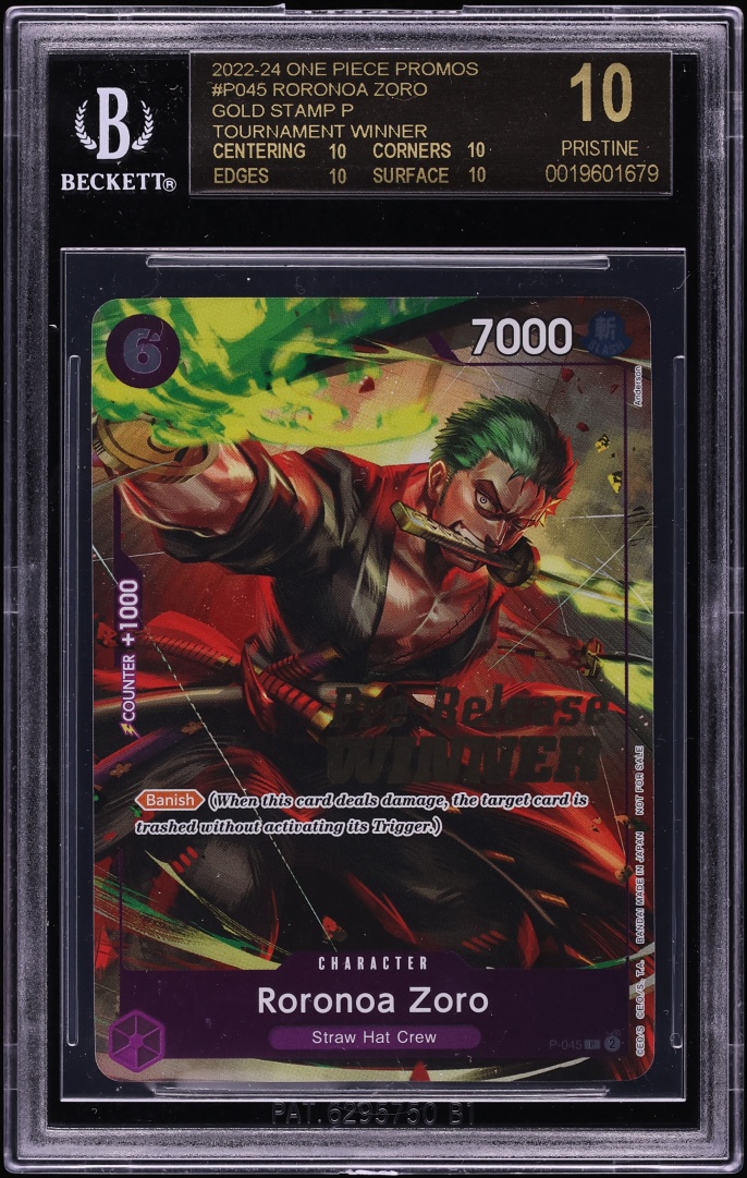 2022 One Piece Promo OP-06 Tournament Winner Gold Stamp Roronoa Zoro #P-045 BGS 10 BLACK LABEL