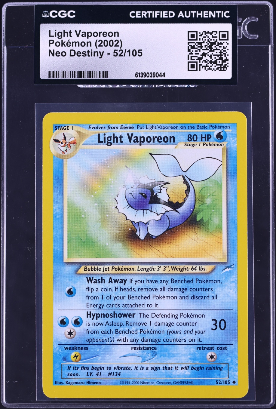 2002 Pokemon Neo Destiny Light Vaporeon #52 CGC AUTH