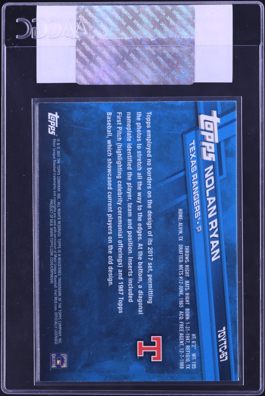2021 Topps 70 Years Of Chrome Nolan Ryan #70YTC-67 CGC AUTH