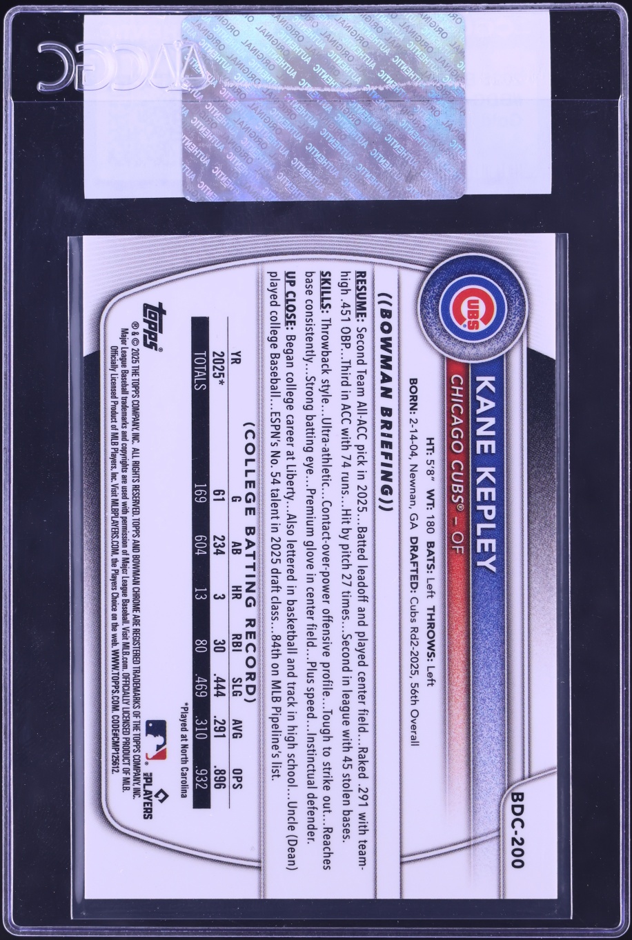 2025 Bowman Draft Chrome Sapphire Gold Kane Kepley PROSPECT /50 #BDC-200 CGC AUTH
