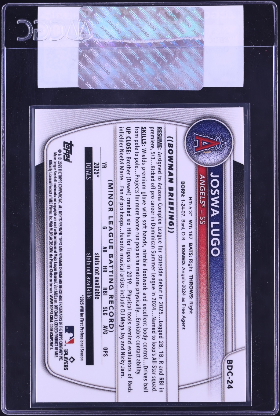 2025 Bowman Chrome Draft Sapphire Orange Joswa Lugo PROSPECT /25 #BDC-24 CGC AUTH