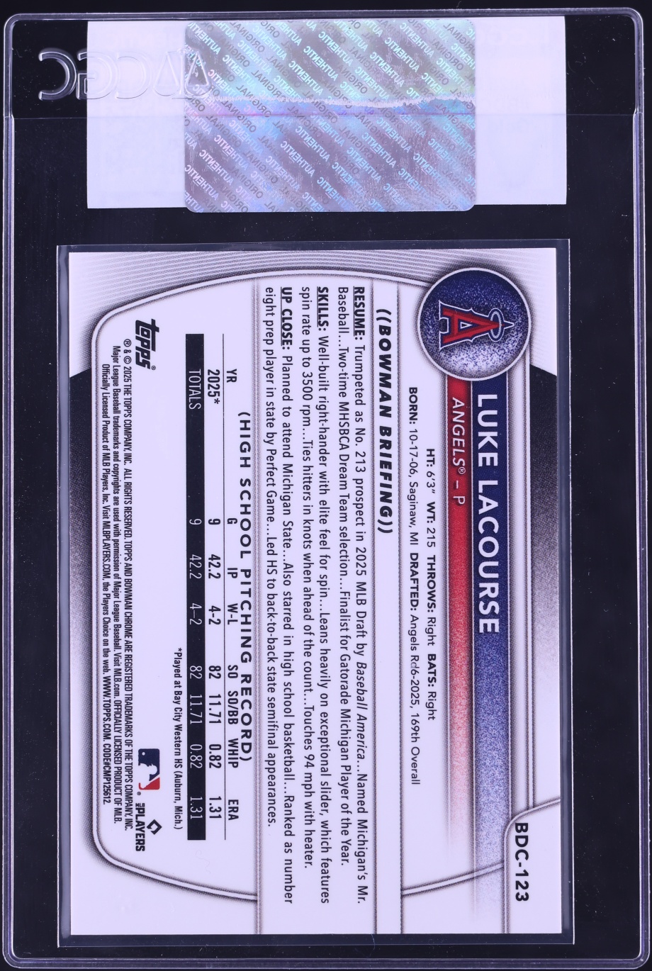 2025 Bowman Chrome Draft Sapphire Gold Luke Lacourse PROSPECT /50 #BDC-123 CGC AUTH