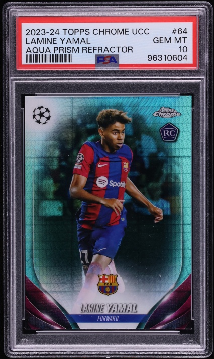 2023 Topps Chrome UEFA CC Aqua Prism Refractor Lamine Yamal ROOKIE #64 PSA 10 GEM MINT