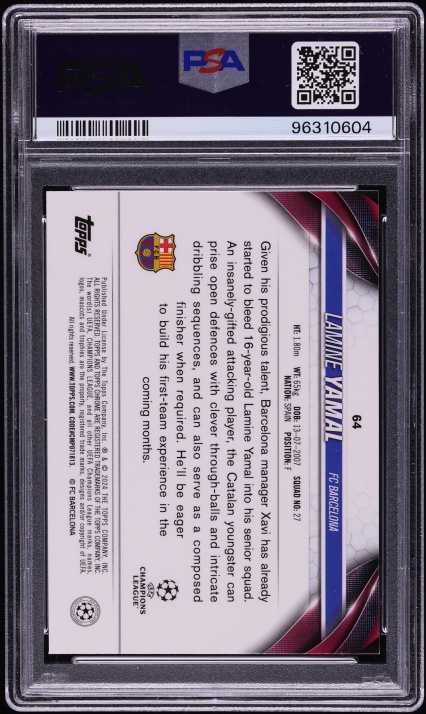 2023 Topps Chrome UEFA CC Aqua Prism Refractor Lamine Yamal ROOKIE #64 PSA 10 GEM MINT