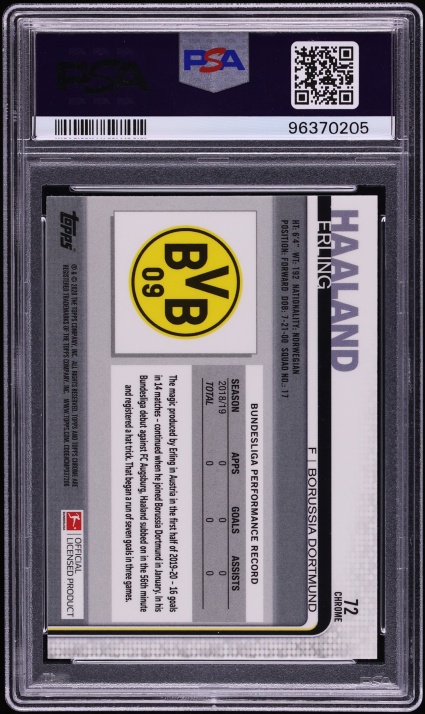 2019 Topps Chrome Bundesliga Erling Haaland ROOKIE #72 PSA 10 GEM MINT