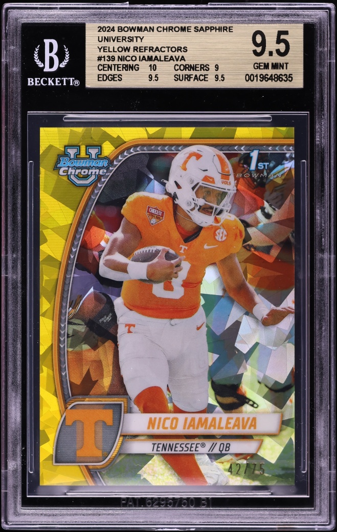 2024 Bowman University Chrome Sapphire Yellow Refractor Nico Iamaleava RC /75 BGS 9.5 GEM MINT