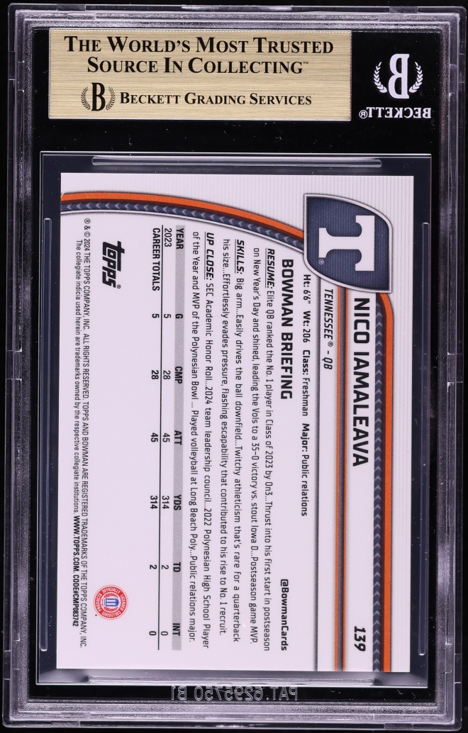 2024 Bowman University Chrome Sapphire Yellow Refractor Nico Iamaleava RC /75 BGS 9.5 GEM MINT