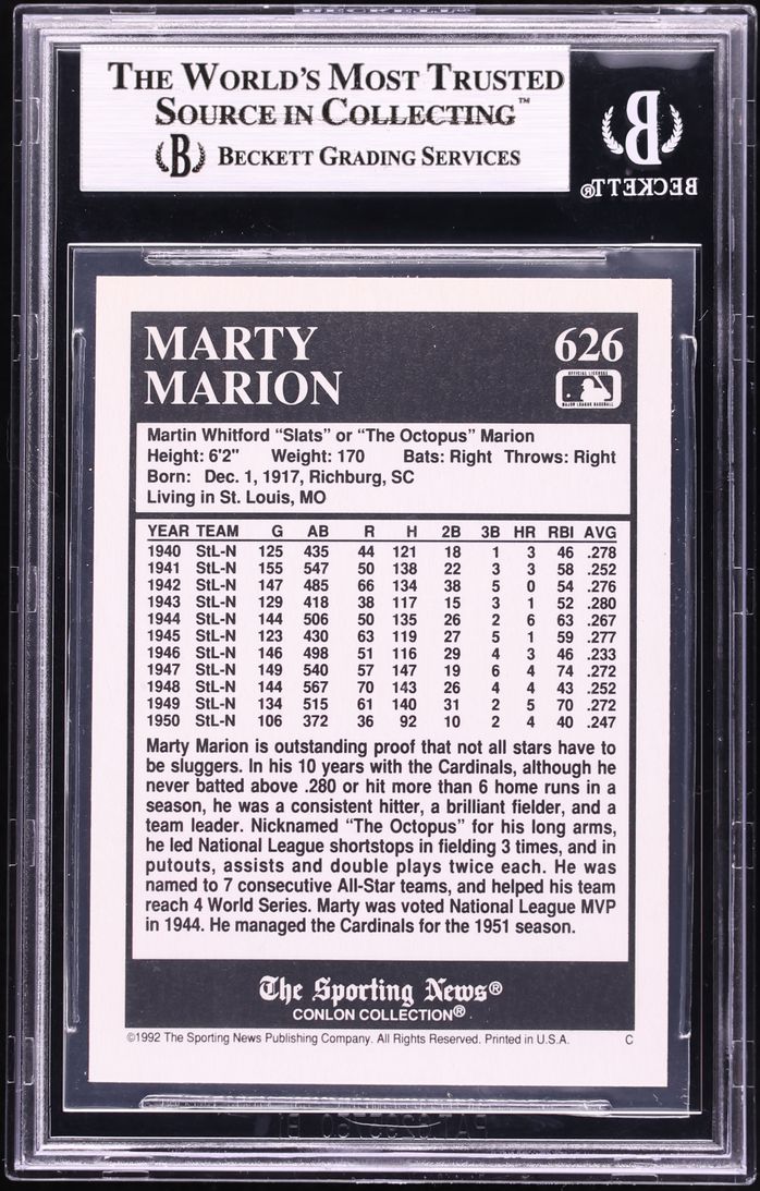 1992 Conlon TSN Marty Marion AUTO #626 BAS BGS AUTH