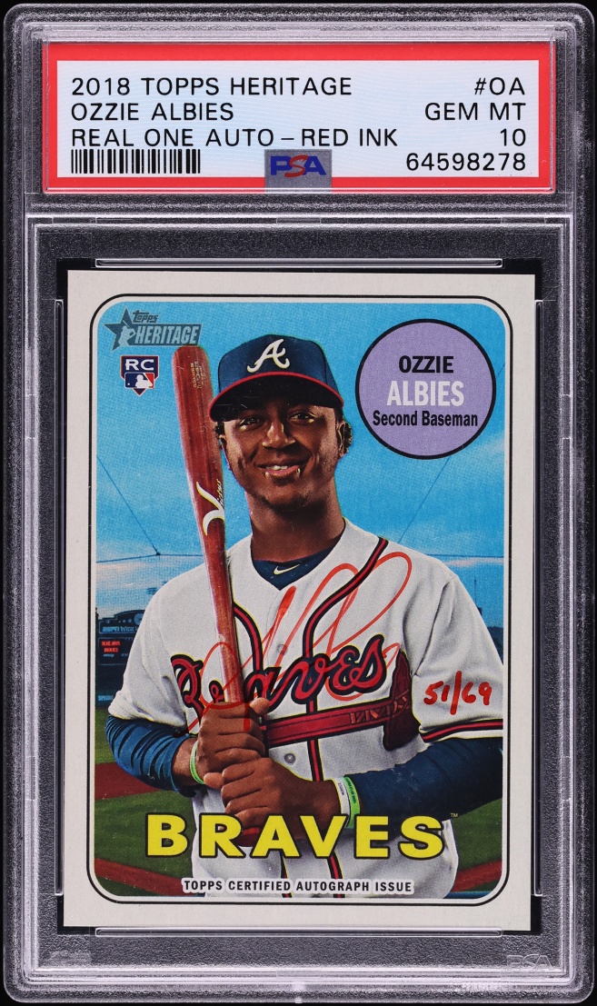 2018 Topps Heritage Real One Red Ink Ozzie Albies ROOKIE AUTO /69 #ROA-OA PSA 10 GEM MINT