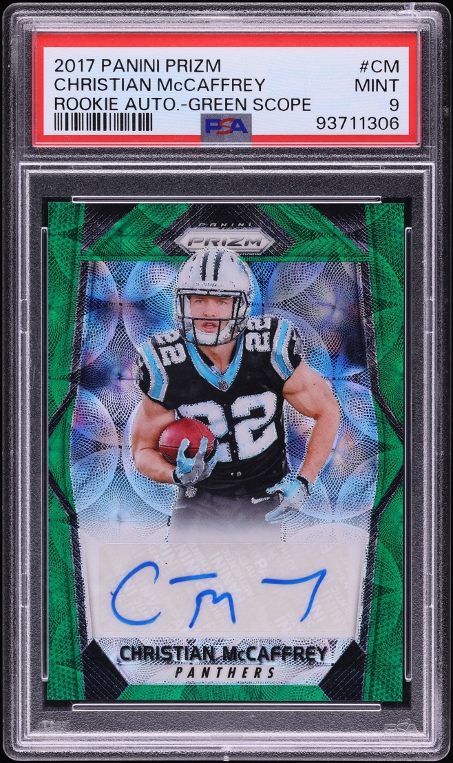 2017 Panini Prizm Green Scope Christian McCaffrey ROOKIE AUTO 99/99 #CM PSA 9 MINT