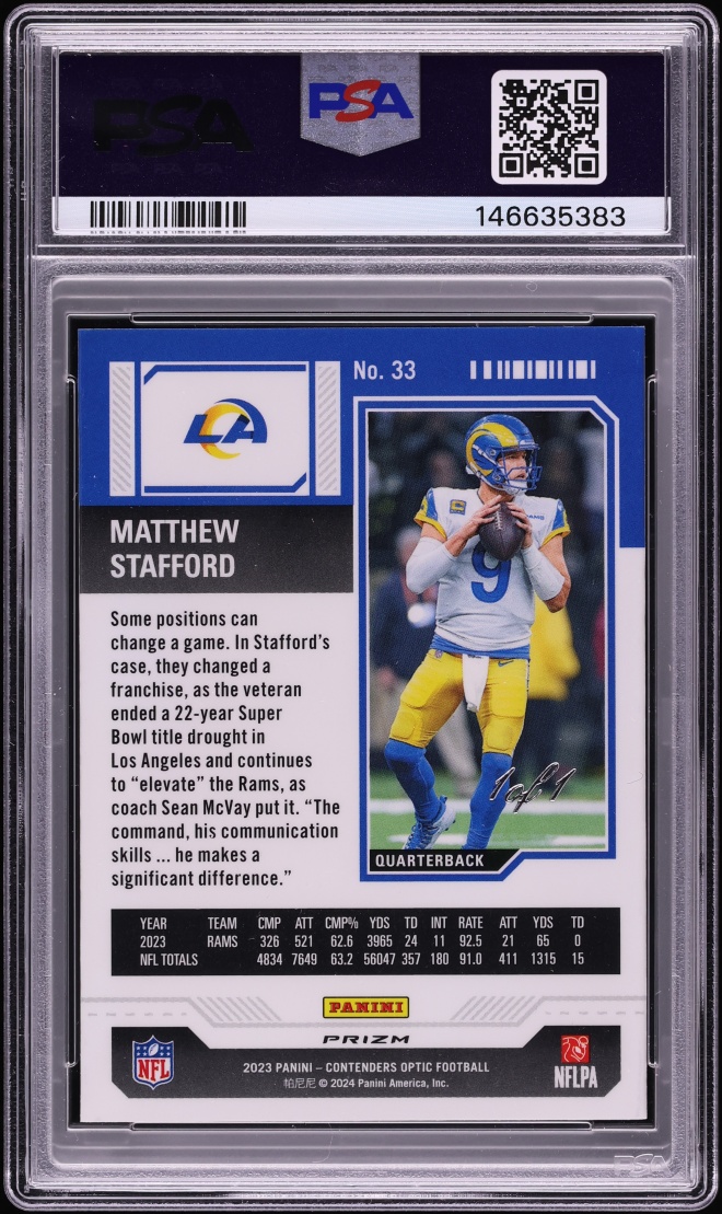 2023 Panini Contenders Optic Gold Vinyl Matthew Stafford 1/1 #33 PSA 9 MINT