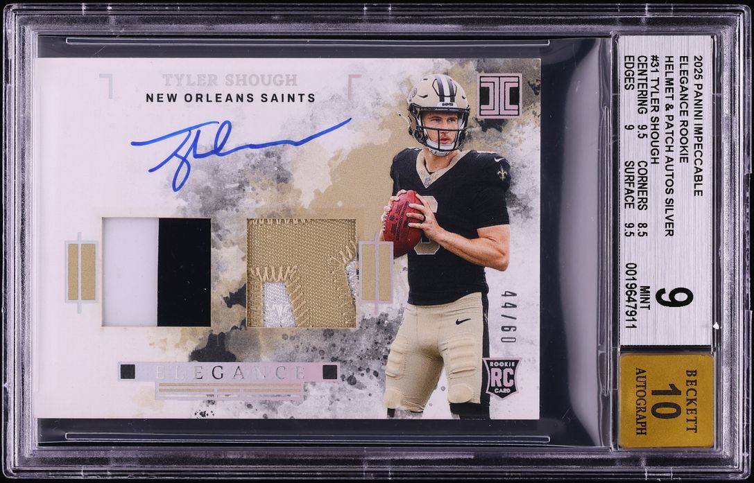2025 Panini Impeccable Elegance Silver Tyler Shough ROOKIE PATCH AUTO /60 #ELE-TSH BGS 9 MINT