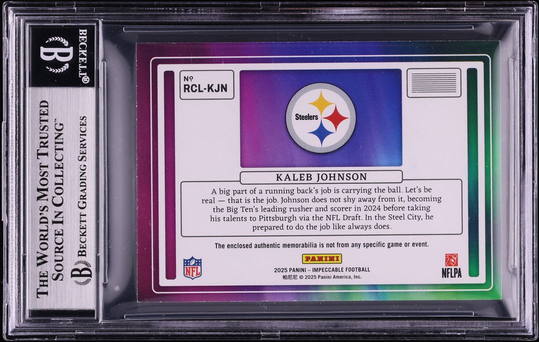 2025 Panini Impeccable Silver Kaleb Johnson ROOKIE PATCH /25 #RCL-KJN BGS 8 NM-MT