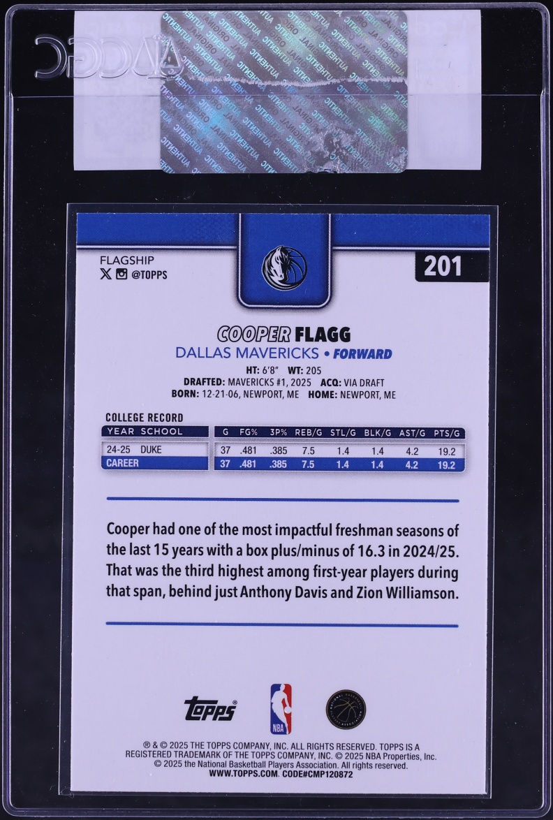 2025 Topps Basketball Cooper Flagg ROOKIE #201 CGC AUTH