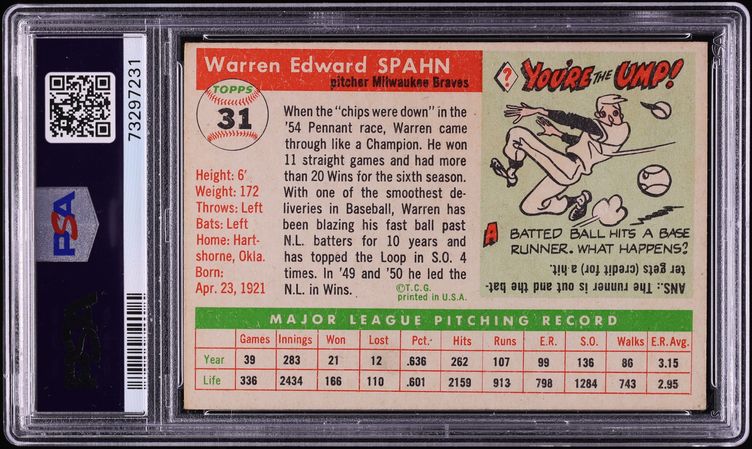 1955 Topps Warren Spahn #31 PSA 4 VGEX