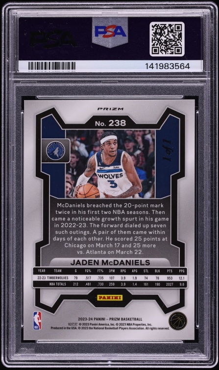 2023 Panini Prizm Black Shimmer FOTL Jaden McDaniels 1/1 #238 PSA 9 MINT