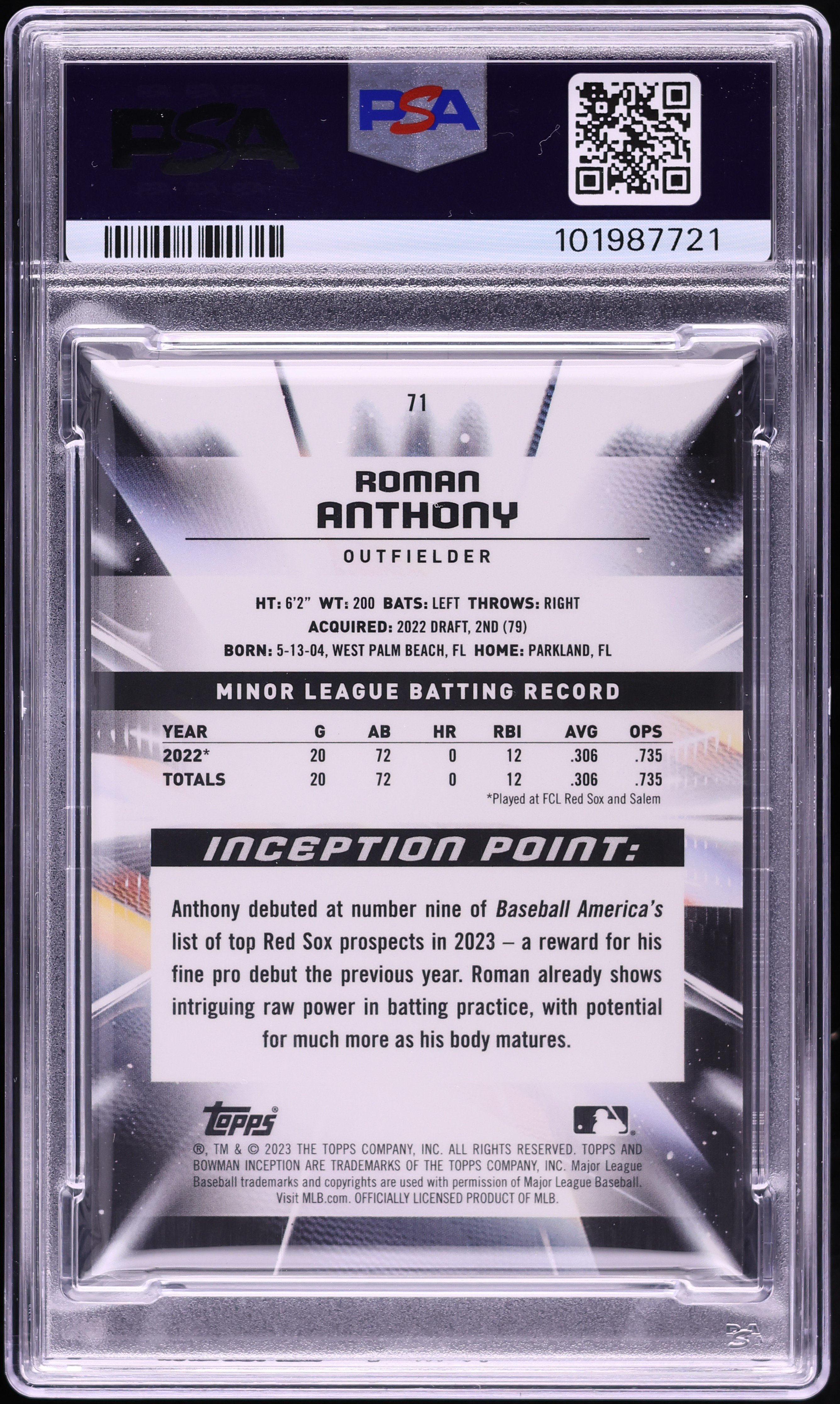 2023 Bowman Inception Roman Anthony #71 PSA 10 GEM MINT on