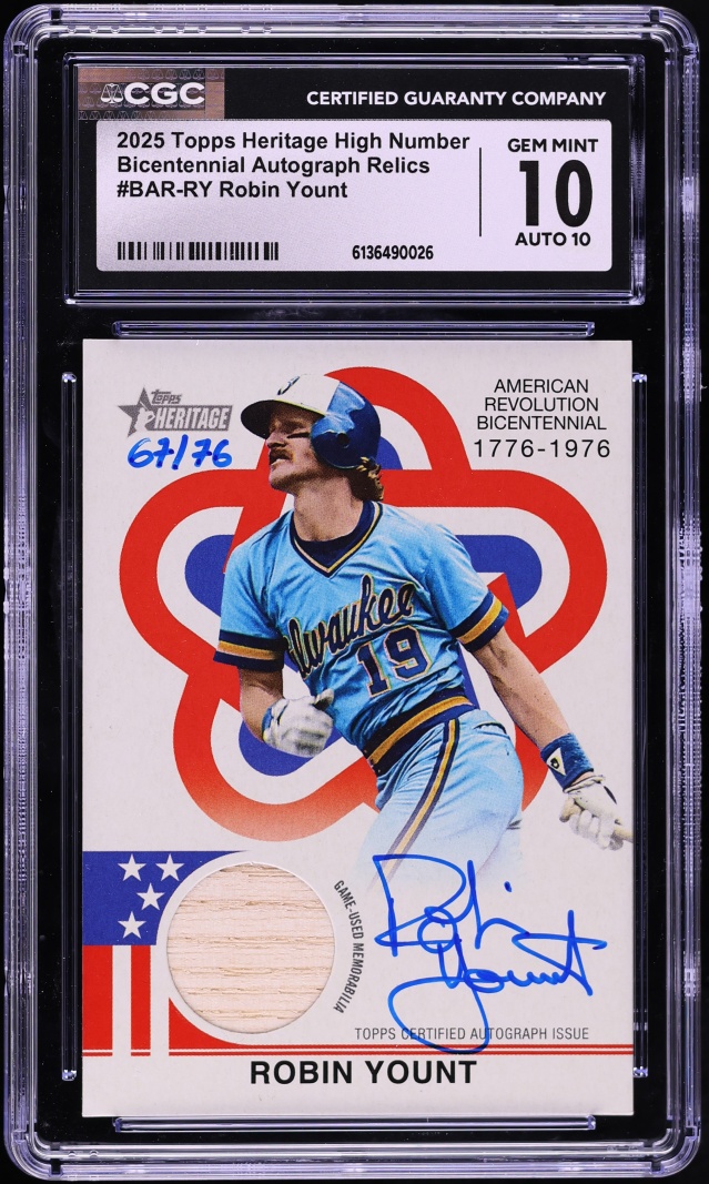 2025 Topps Heritage High Number Bicentennial Robin Yount RELIC AUTO /76 #BAR-RY CGC 10 GEM