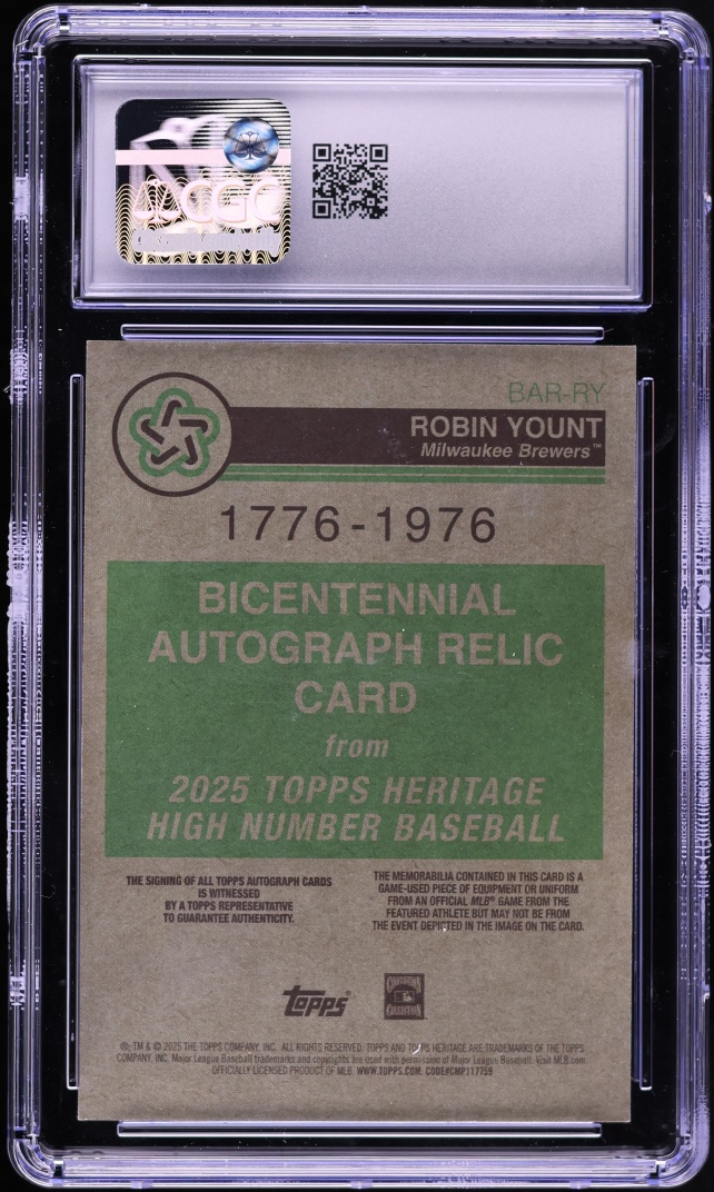 2025 Topps Heritage High Number Bicentennial Robin Yount RELIC AUTO /76 #BAR-RY CGC 10 GEM