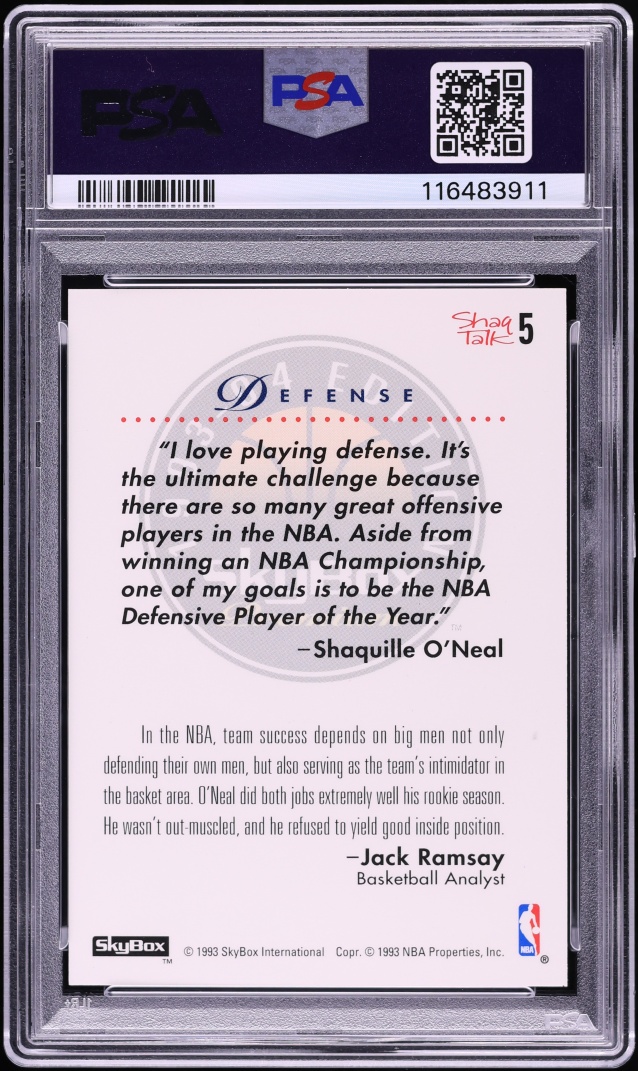 1993 Skybox Premium Shaq Talk Defense Shaquille O'Neal #5 PSA 8 NM-MT