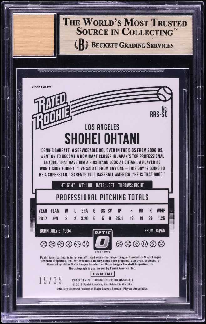 2018 Donruss Optic Signatures Aqua Shohei Ohtani ROOKIE AUTO /35 #RRS-SO BGS 9.5 GEM MINT