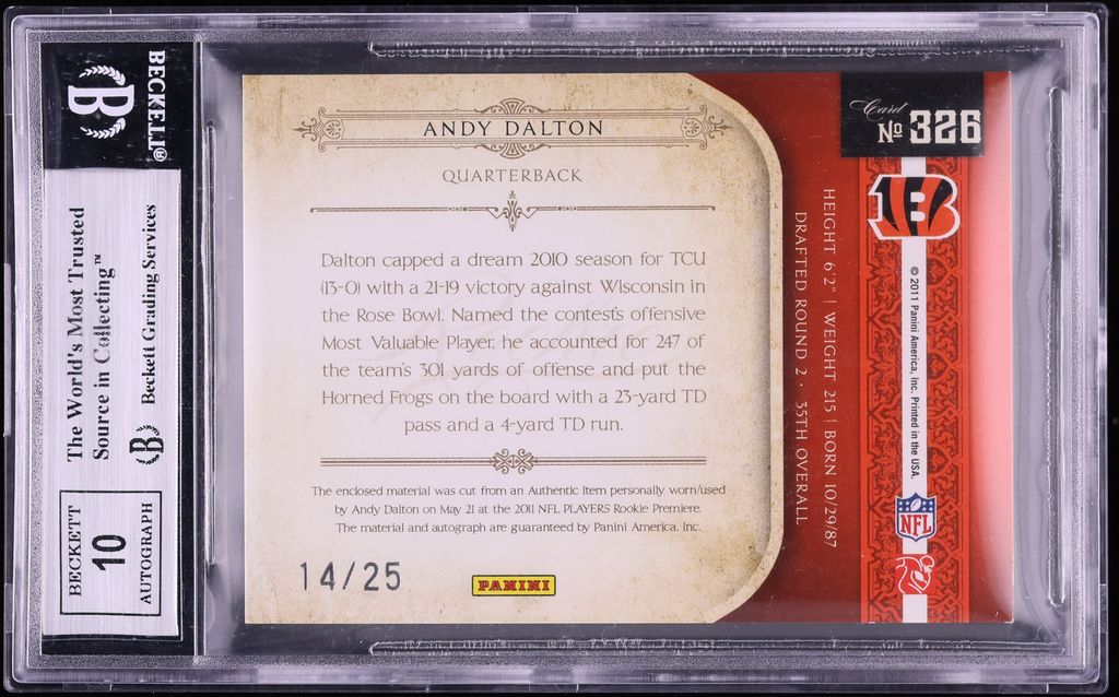 2011 Playoff National Treasures Black Andy Dalton ROOKIE PATCH AUTO /25 #326 BGS 9 MINT