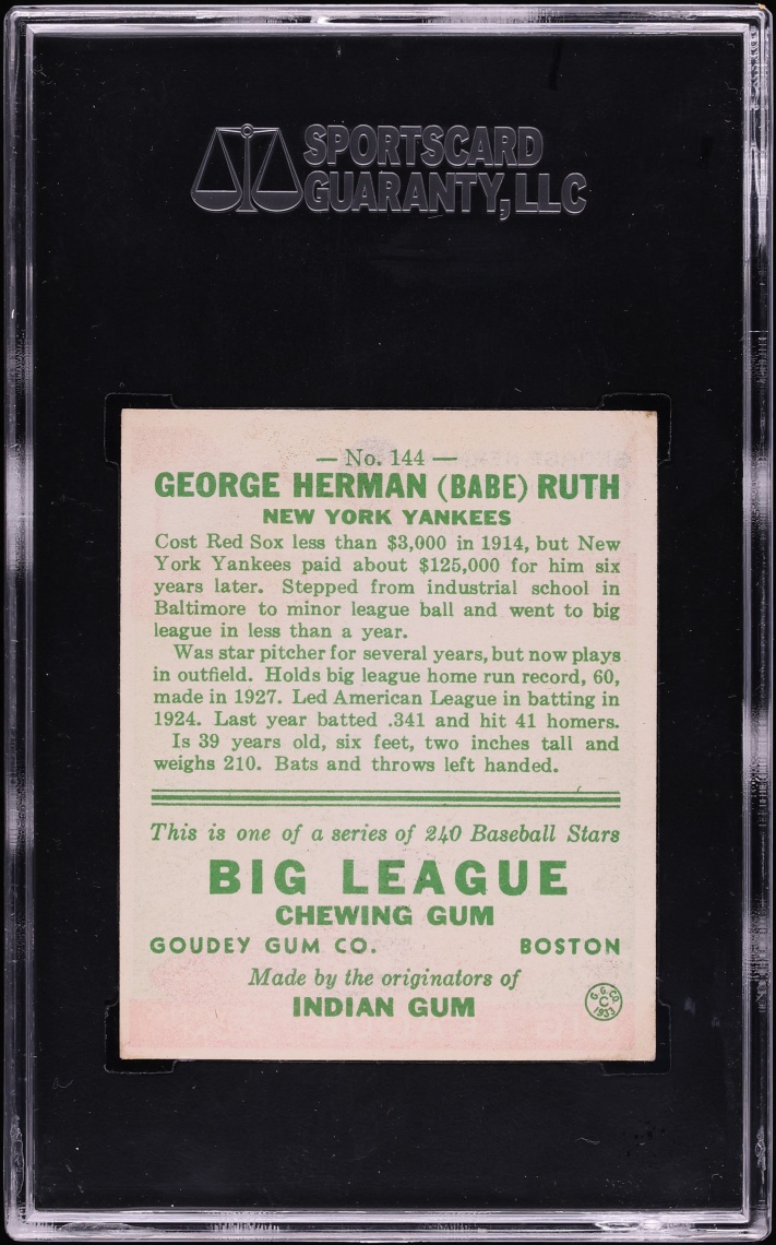 1933 Goudey Babe Ruth #144 SGC 8 NM-MT