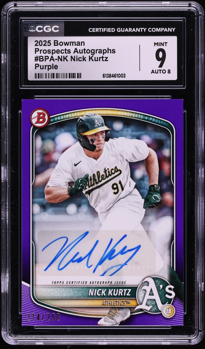 2025 Bowman Purple Nick Kurtz PROSPECT AUTO /250 #BPA-NK CGC 9 MINT
