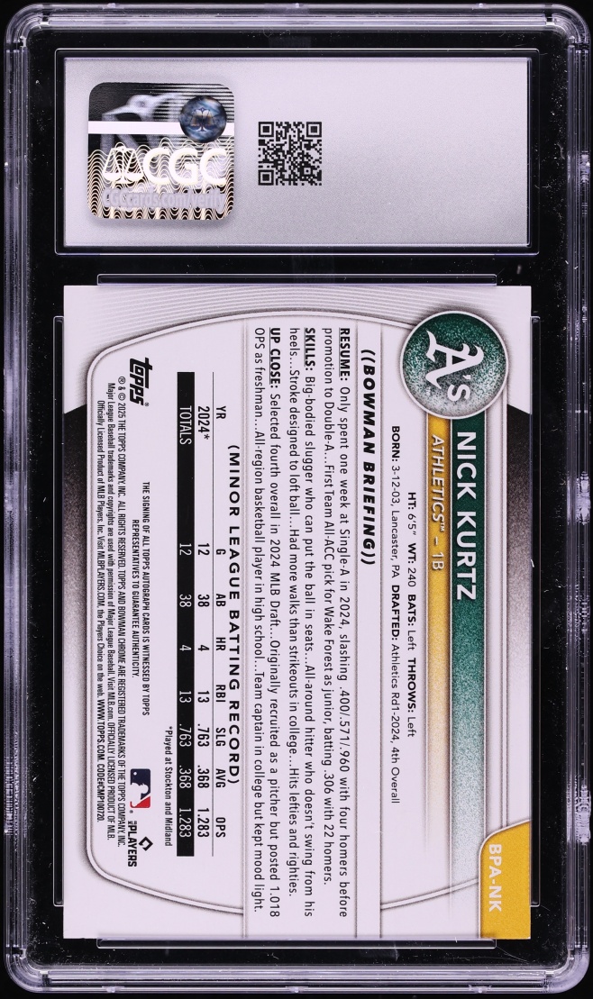 2025 Bowman Purple Nick Kurtz PROSPECT AUTO /250 #BPA-NK CGC 9 MINT