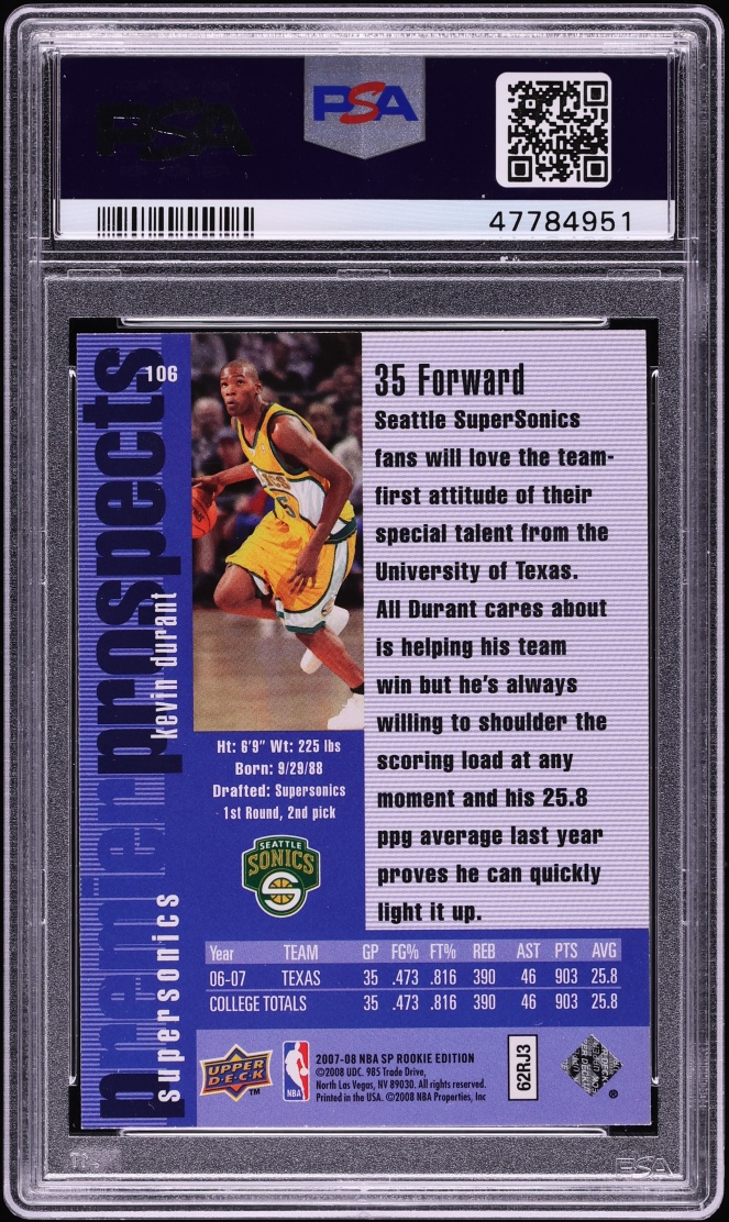 2007 SP Edition '96 Design Kevin Durant ROOKIE #106 PSA 9 MINT