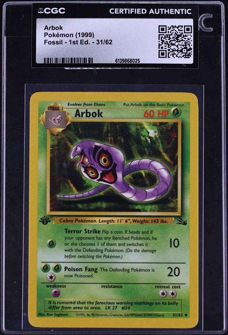 1999 Pokemon Fossil 1st Edition Arbok #31 CGC AUTH