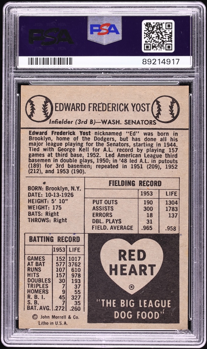 1954 Red Heart Eddie Yost PSA 7 NRMT