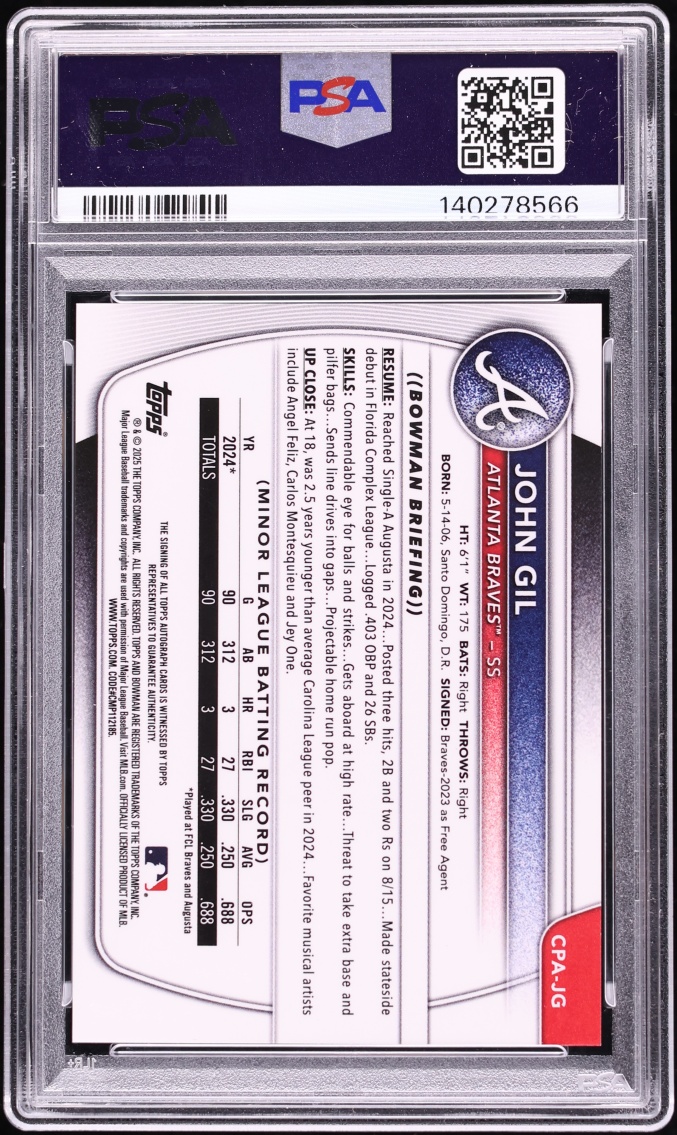 2025 Bowman Chrome Gold Refractor John Gil PROSPECT AUTO /50 #CPA-JG PSA 10 GEM MINT
