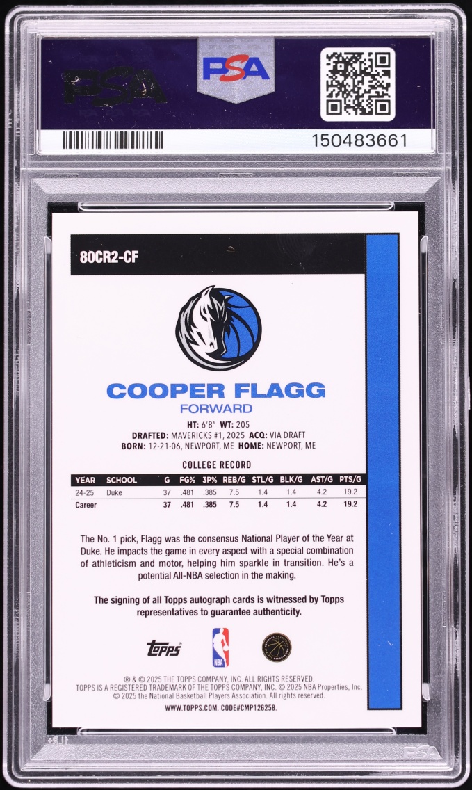 2025 Topps Chrome Silver Pack '80 Orange Cooper Flagg ROOKIE AUTO /25 #80CR2-CF PSA 7 NRMT