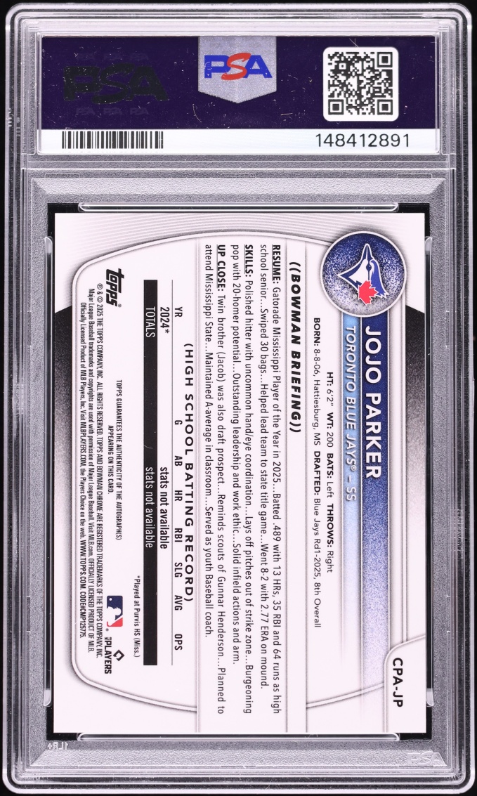 2025 Bowman Chrome Draft Peanuts Jojo Parker PROSPECT AUTO /5 #CPA-JP PSA 10 GEM MINT