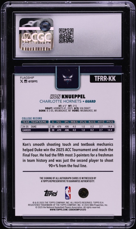 2025 Topps Flagship Real One Orange Rainbow Foil Kon Knueppel ROOIE AUTO /25 #TFRR-KK CGC 9