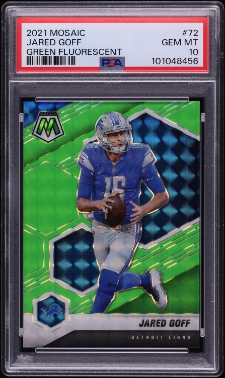 2021 Panini Mosaic Green Fluorescent Jared Goff 10/10 #72 PSA 10 GEM MINT