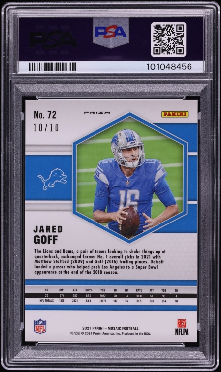 2021 Panini Mosaic Green Fluorescent Jared Goff 10/10 #72 PSA 10 GEM MINT