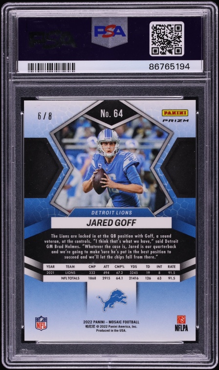 2022 Panini Mosaic Black Gold Choice Jared Goff /8 #64 PSA 10 GEM MINT