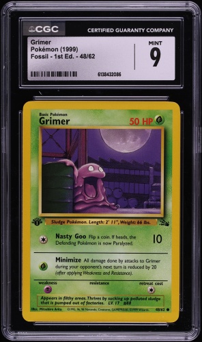 first edition grimer pokemon card Vintage 1999 90s Nintendo Pokemon Grimer Team #48 Fossil 1st Edition Trading Game Card GMA Graded Mint 9 Rare