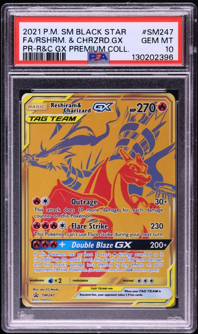 2021 Pokemon Sun & Moon Promo Premium Collection Full Art Reshiram & Charizard GX #SM247 PSA 10