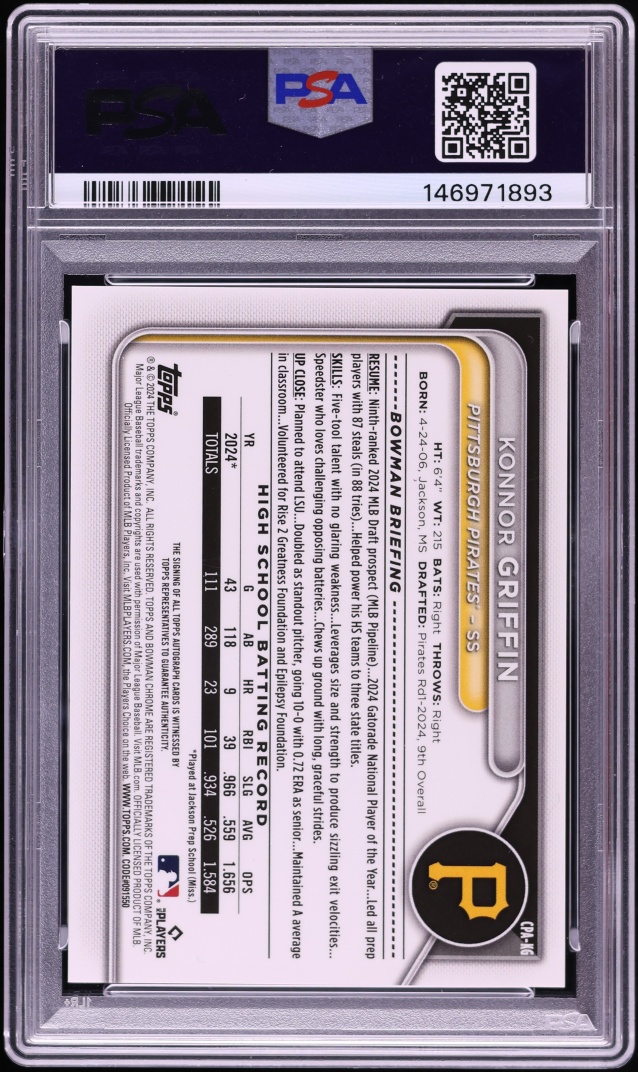 2024 Bowman Chrome Draft Sapphire Konnor Griffin PROSPECT AUTO /199 #CPA-KG PSA 9 MINT