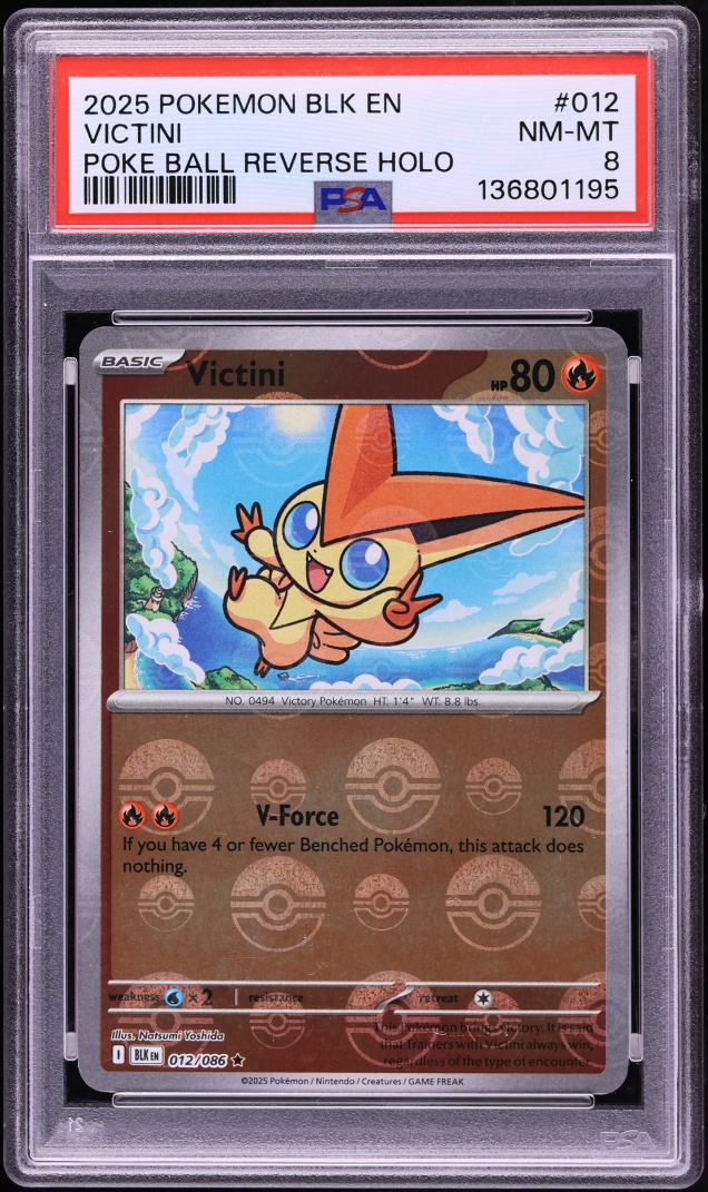 2025 Pokemon Scarlet & Violet Black Bolt Poke Ball Reverse Holo Victini #12 PSA 8 NM-MT