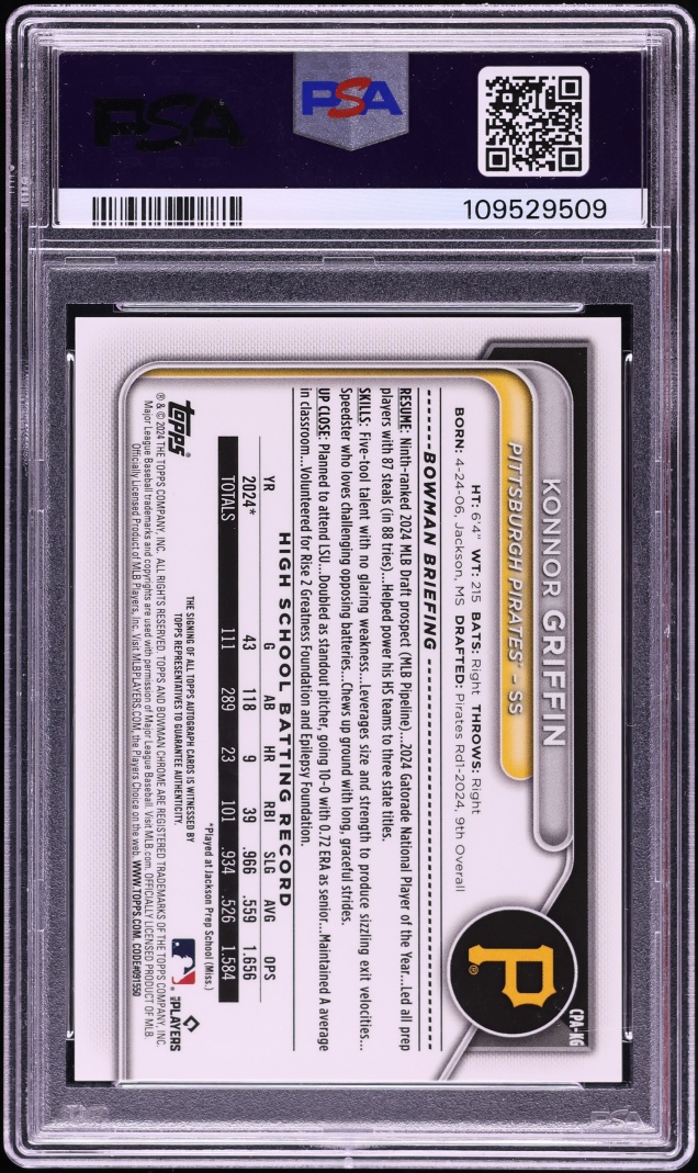 2024 Bowman Chrome Sapphire Orange Konnor Griffin PROSPECT AUTO /25 #CPAKG PSA 10 GEM MINT