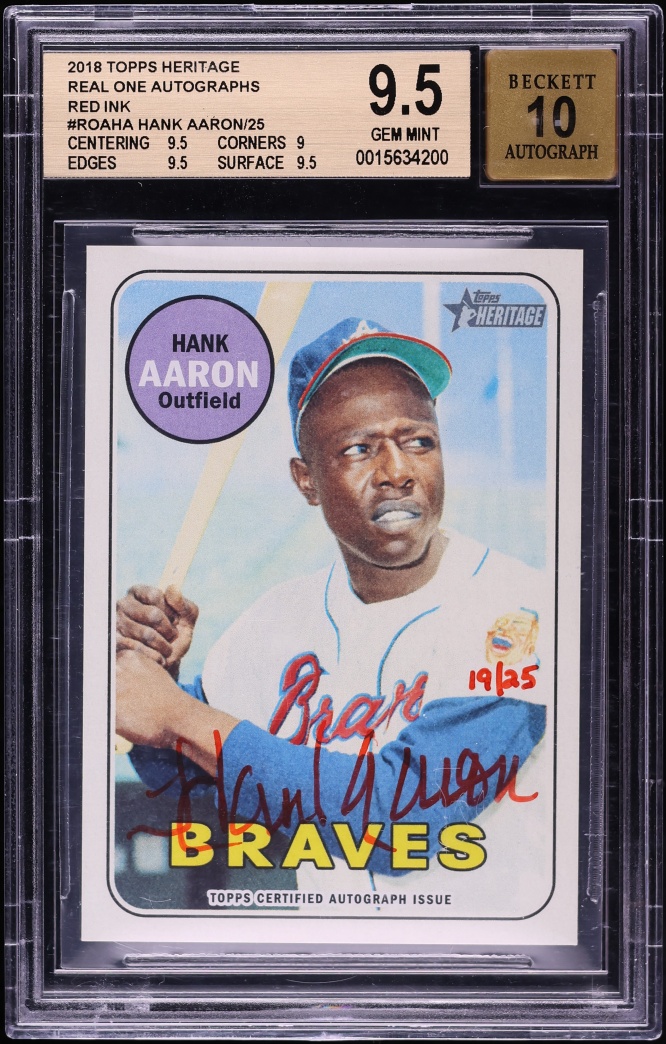 2018 Topps Heritage Real One Red Ink Hank Aaron AUTO /25 #ROAHA BGS 9.5 GEM MINT