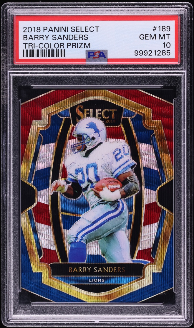 2018 Select Premier Level Tri-Color Prizm Barry Sanders /199 #189 PSA 10 GEM MINT