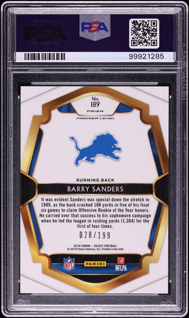 2018 Select Premier Level Tri-Color Prizm Barry Sanders /199 #189 PSA 10 GEM MINT