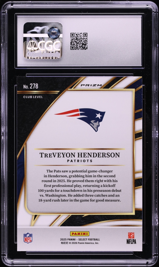 2025 Select Club Level Black & Red Shock TreVeyon Henderson ROOKIE #278 CGC 10 GEM MINT