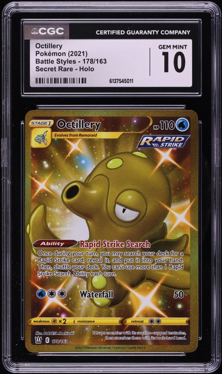 octillery pokemon card value rapid strike 2021 Sword & Shield Battle Styles Gold Rare #178 CGC 10 GEM MINT on Fanatics Collect holofoil pattern or surface detail) 2022 Pokémon Brilliant Stars Octillery